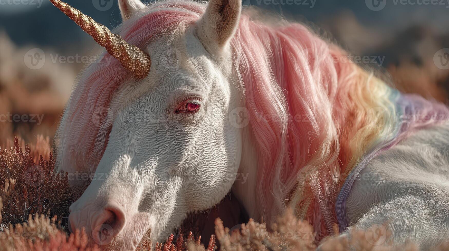 Magical unicorn resting in a vibrant meadow during golden hour near a mystical landscape photo