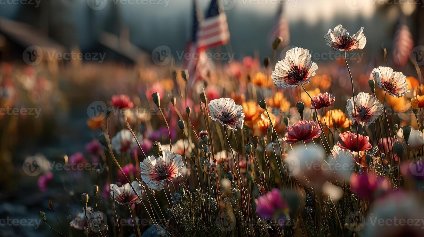 Colorful wildflowers bloom in a serene field with distant flags in the background during golden hour light photo