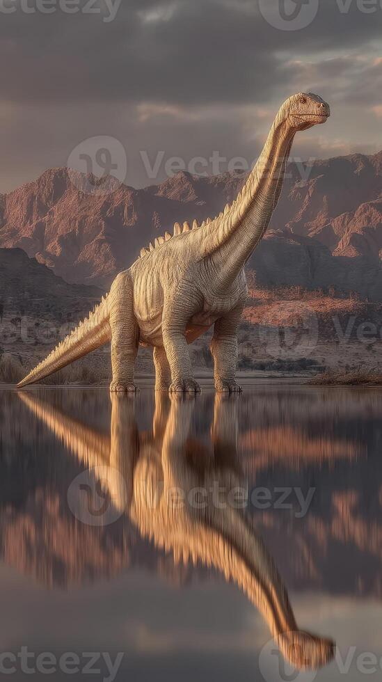 Majestic dinosaur stands reflectively by a tranquil lake surrounded by mountains at sunset photo