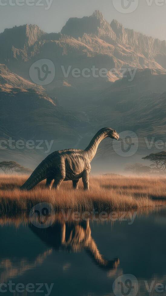 Dinosaur walking through misty landscape at dawn near a calm water body in a mountainous region photo