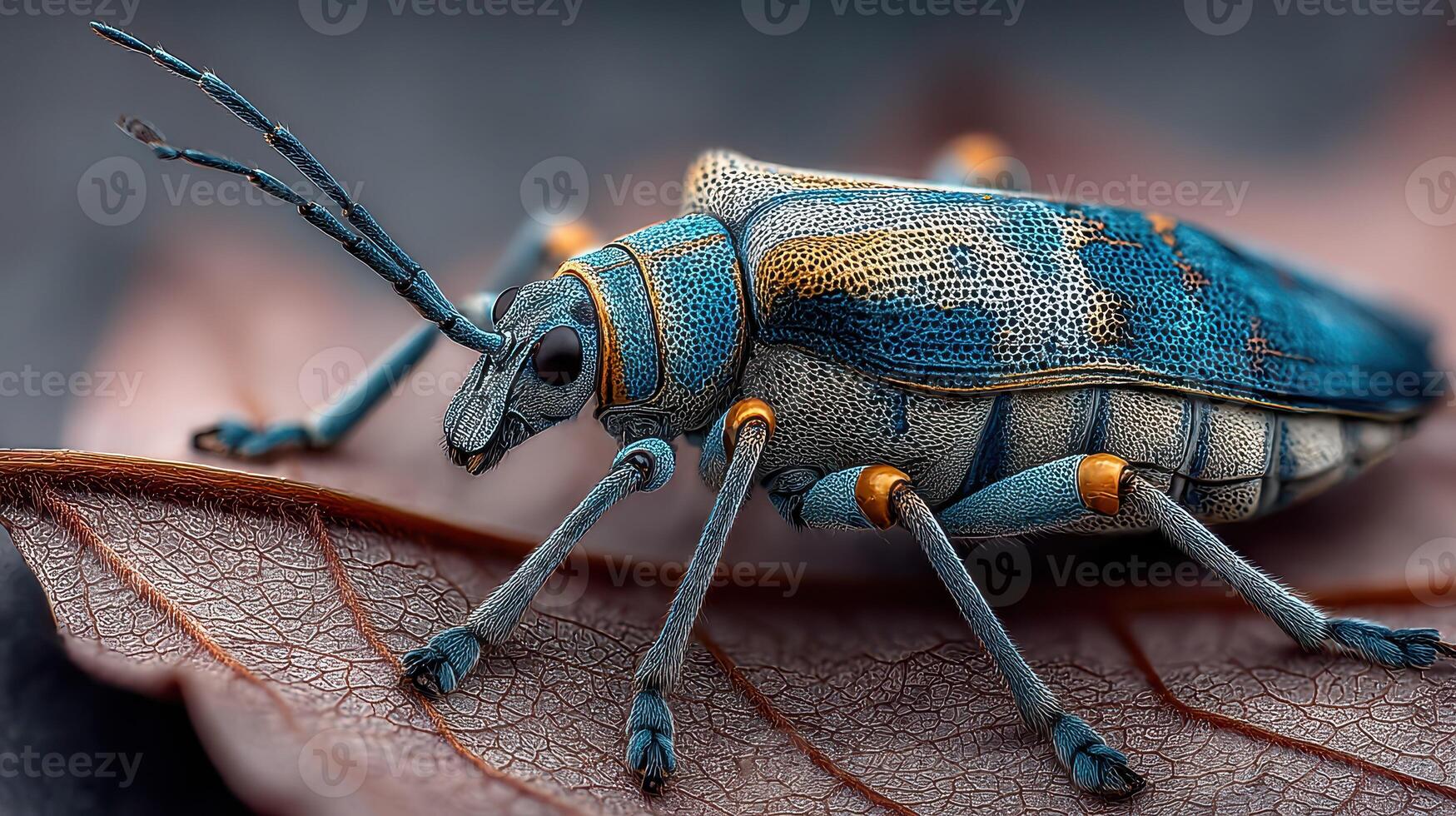 Vivid blue insect crawling on a leaf in a natural environment showcasing detailed textures and colors photo