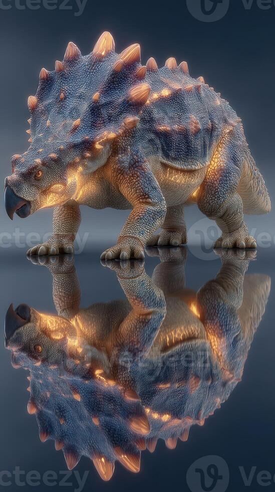 Dinosaur-like creature with spikes and reflective surface showcases intricate details and unique features in a dramatic setting photo