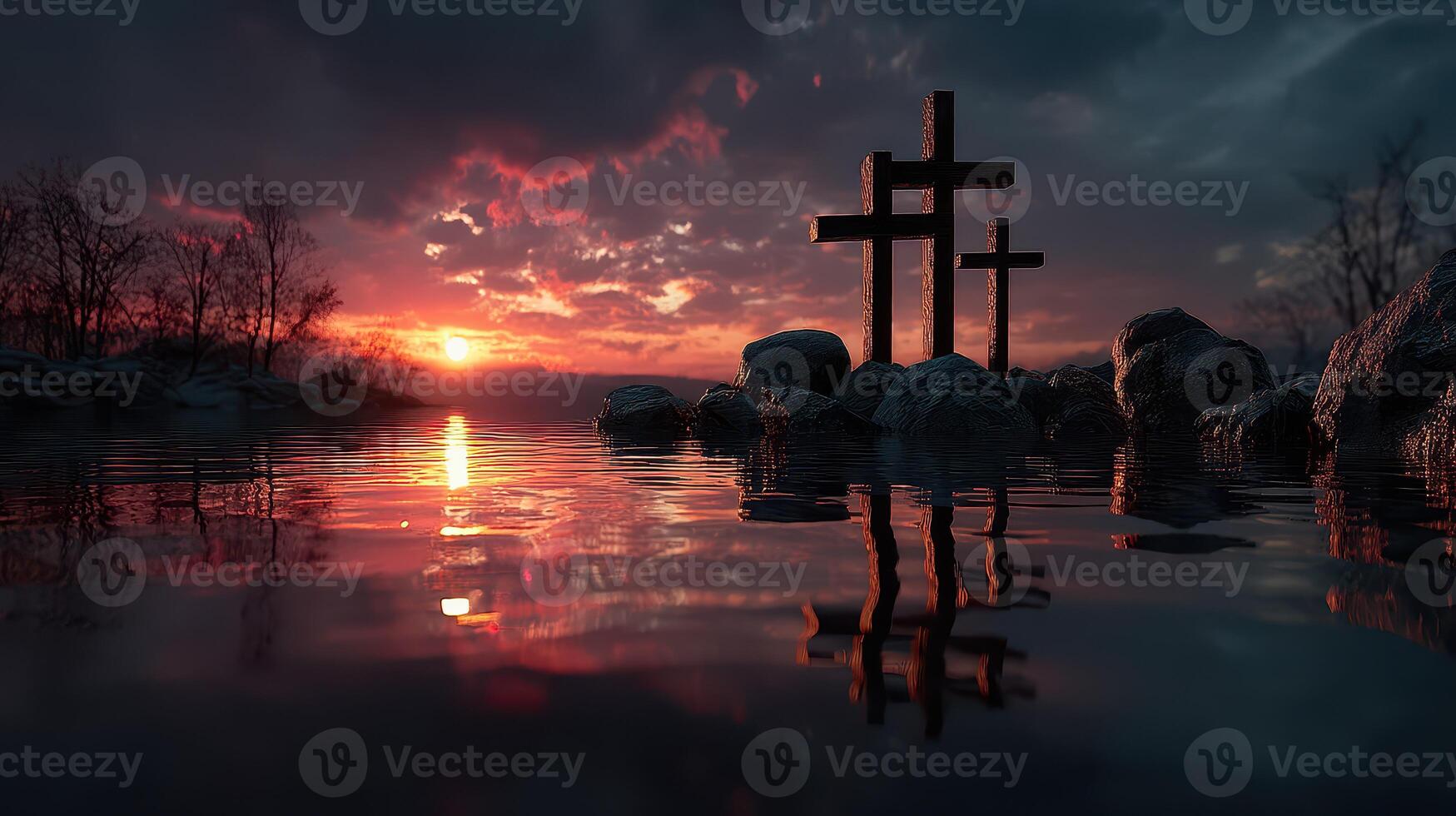 Sunset over water with crosses and reflections amid dramatic clouds and serene landscape photo