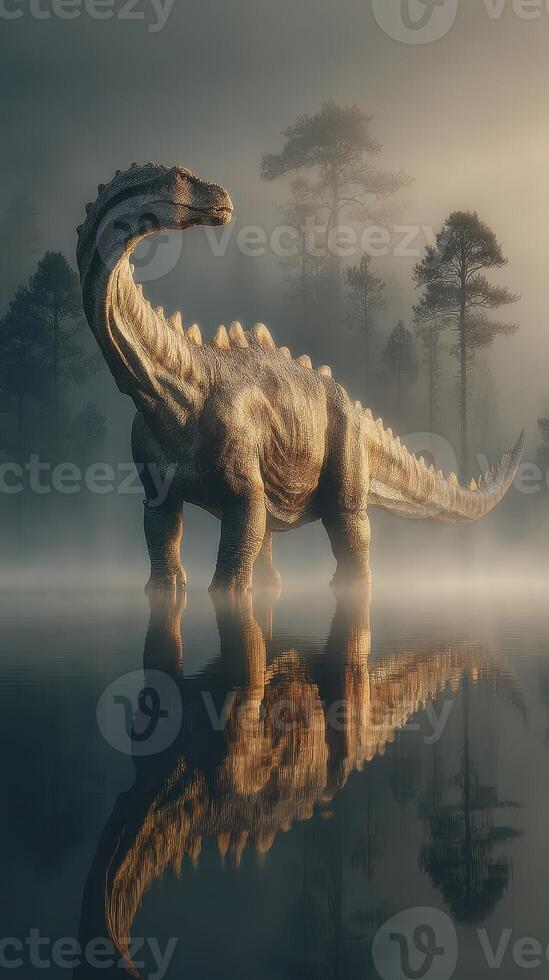 Dinosaur stands majestically in misty lake surrounded by tall trees at dawn photo