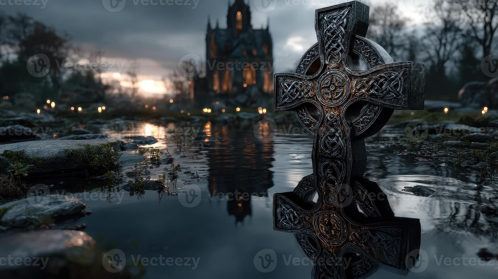 Celtic cross reflected in water near an ancient stone building during twilight photo