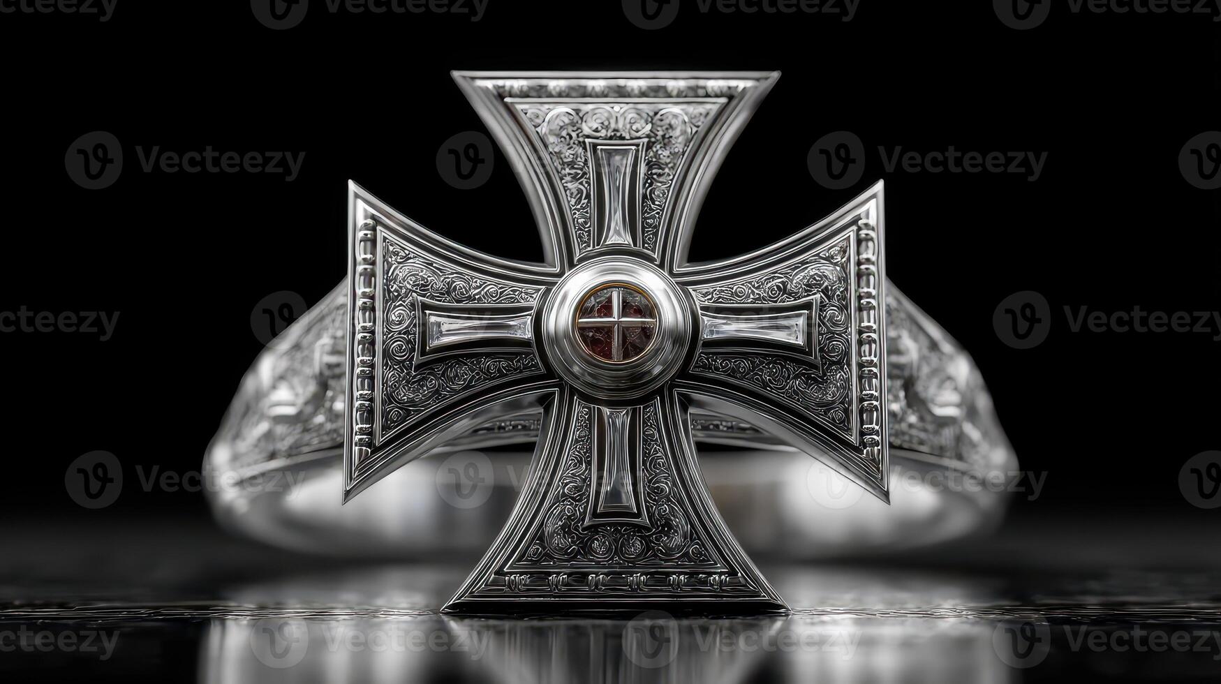 Silvery cross bracelet displayed on dark surface, showcasing intricate designs and historical significance in jewelry design photo