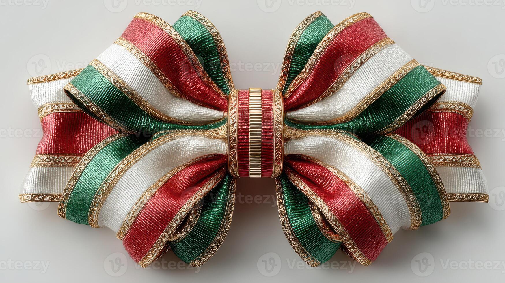 Decorative bow made with green, white, and red ribbons displayed on a neutral background photo