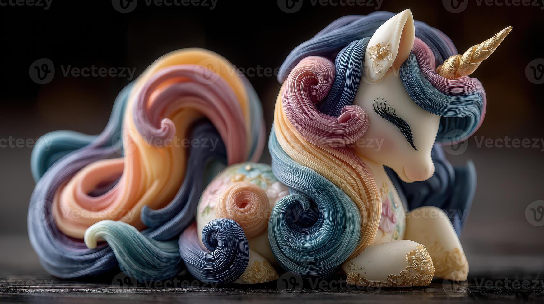 Colorful unicorn figurine with intricate details displayed on a dark surface in a cozy setting photo