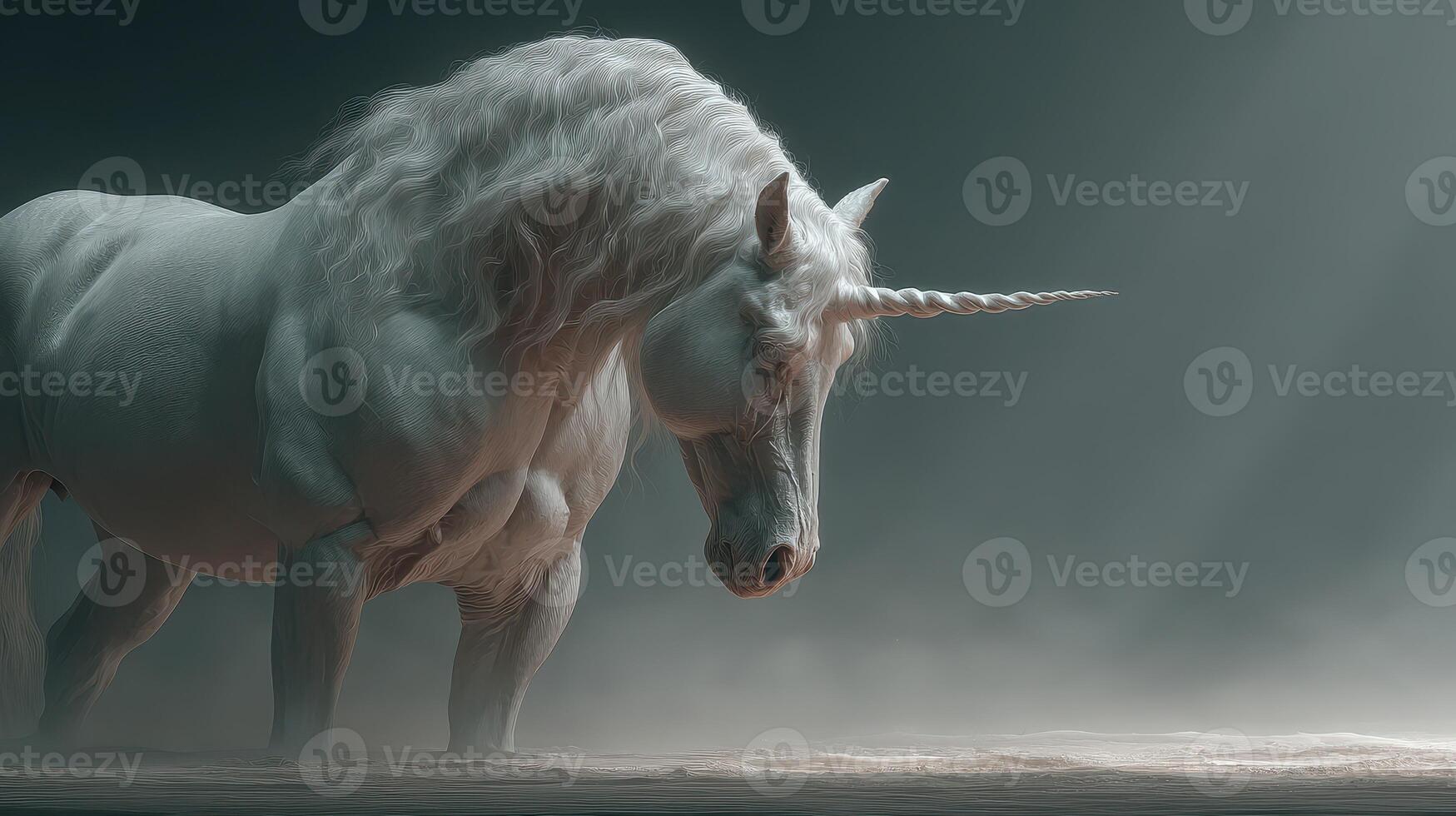 Majestic white unicorn standing in soft light with mist surrounding in a mystical setting photo