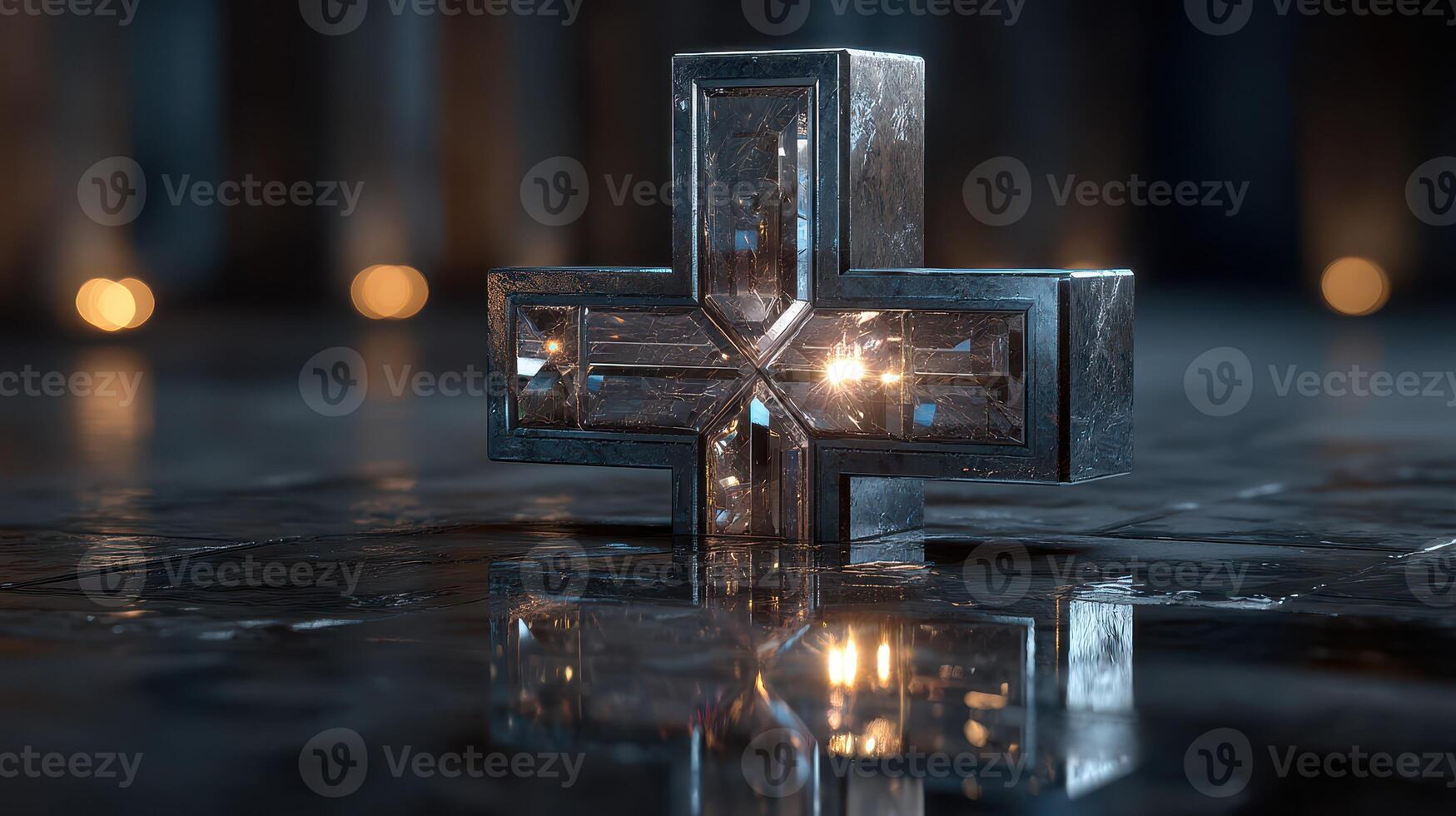 Intricately designed metal cross illuminated by soft lights in a darkened room, showcasing reflections and details photo