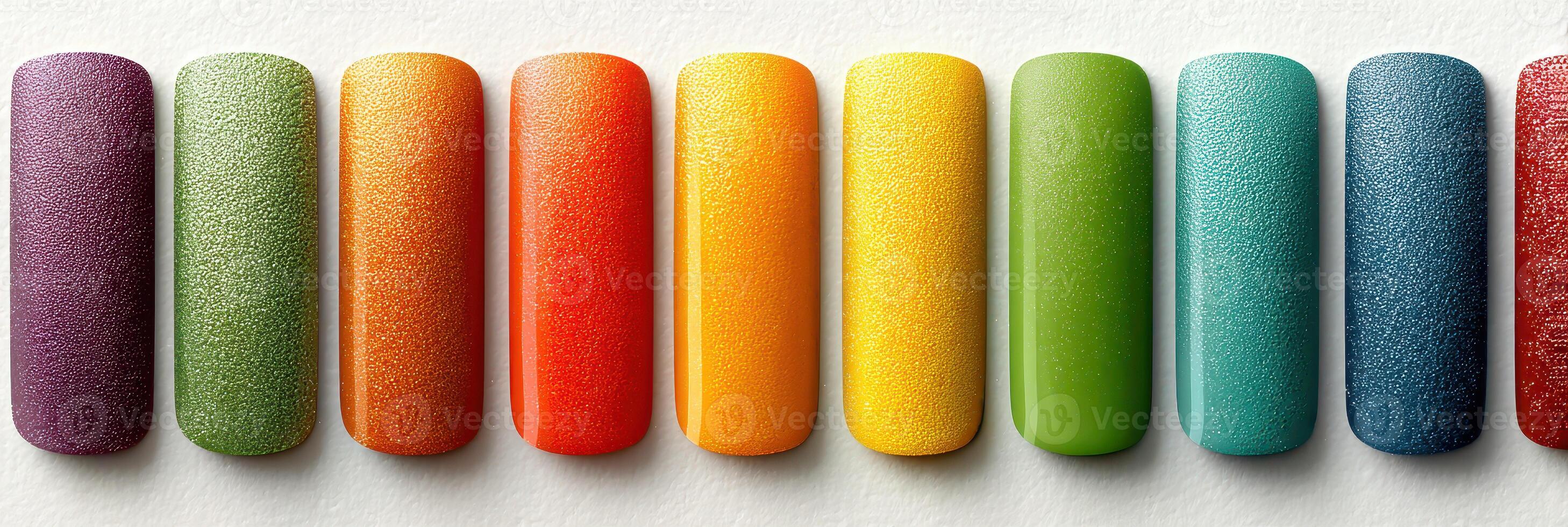 Colorful gradient of nail polish swatches displayed on a neutral background showcasing vibrant shades and textures photo