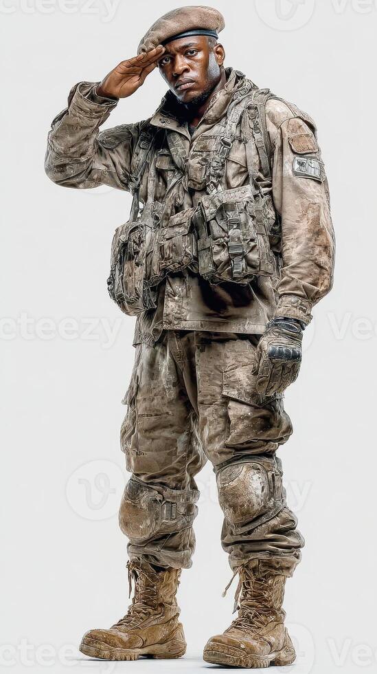 Soldier in tactical gear salutes while standing on a neutral backdrop during military operations practice photo