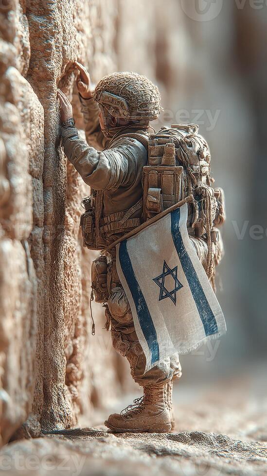 Soldier at historical site with national flag honoring tradition and memory in a meaningful moment of reflection photo