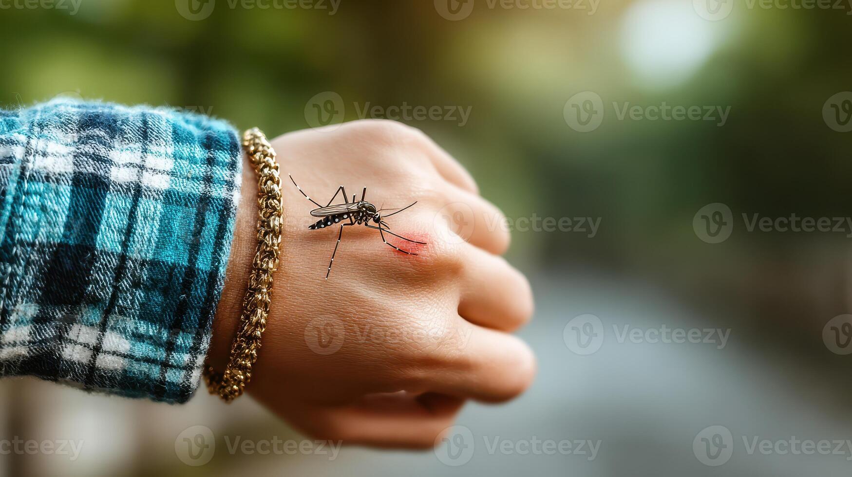 Mosquito bites person on wrist in outdoor setting during daylight hours photo