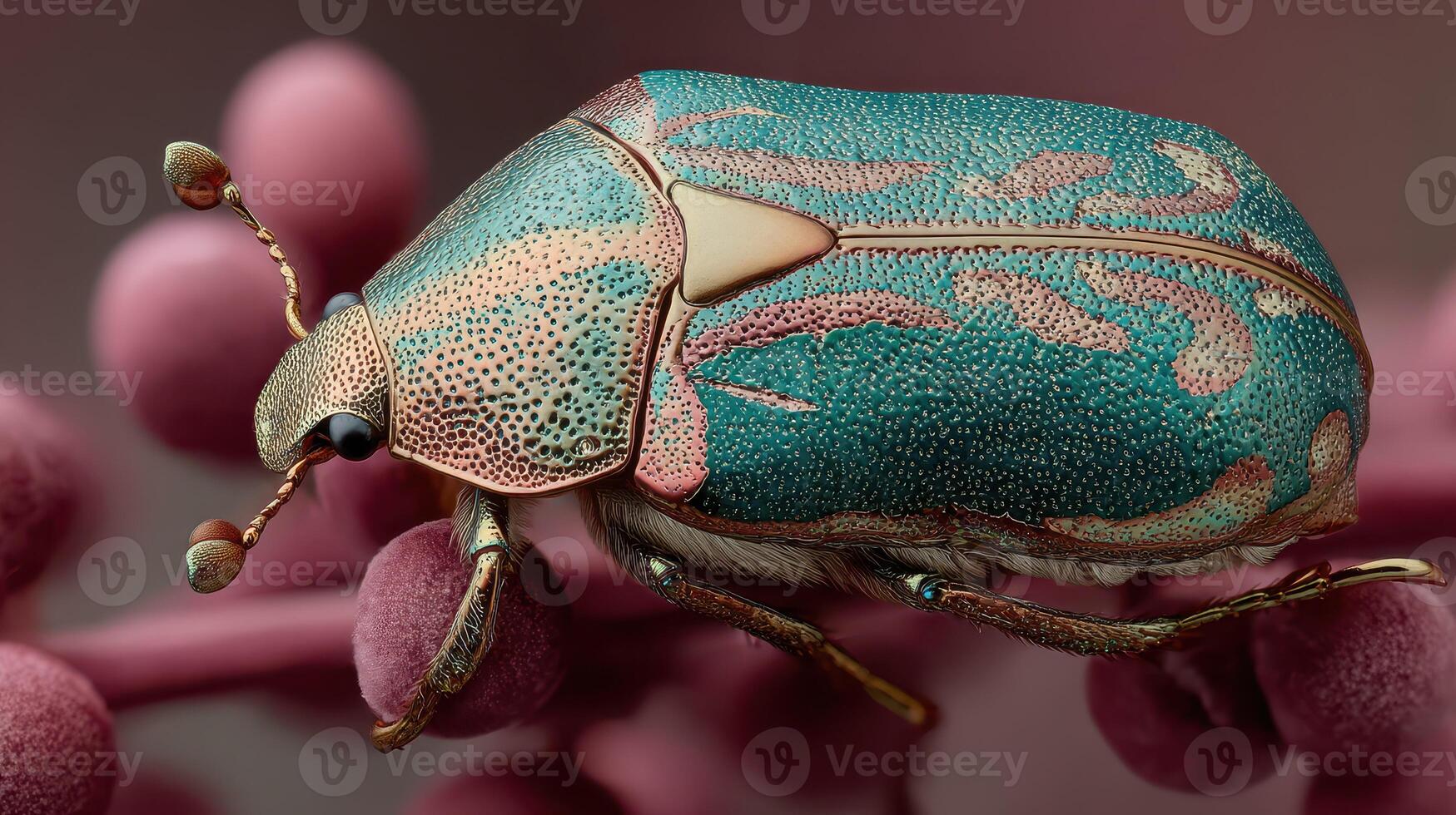 Close-up view of a colorful beetle on a pink plant in a natural setting photo