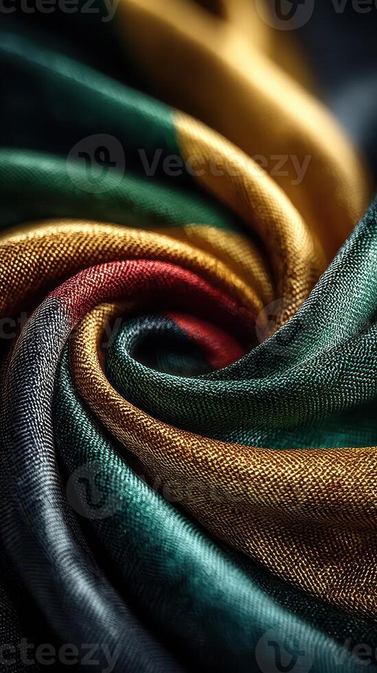 Intricate swirl of vibrant silk fabric showcasing deep green, rich gold, and bold red tones in an artistic twist photo