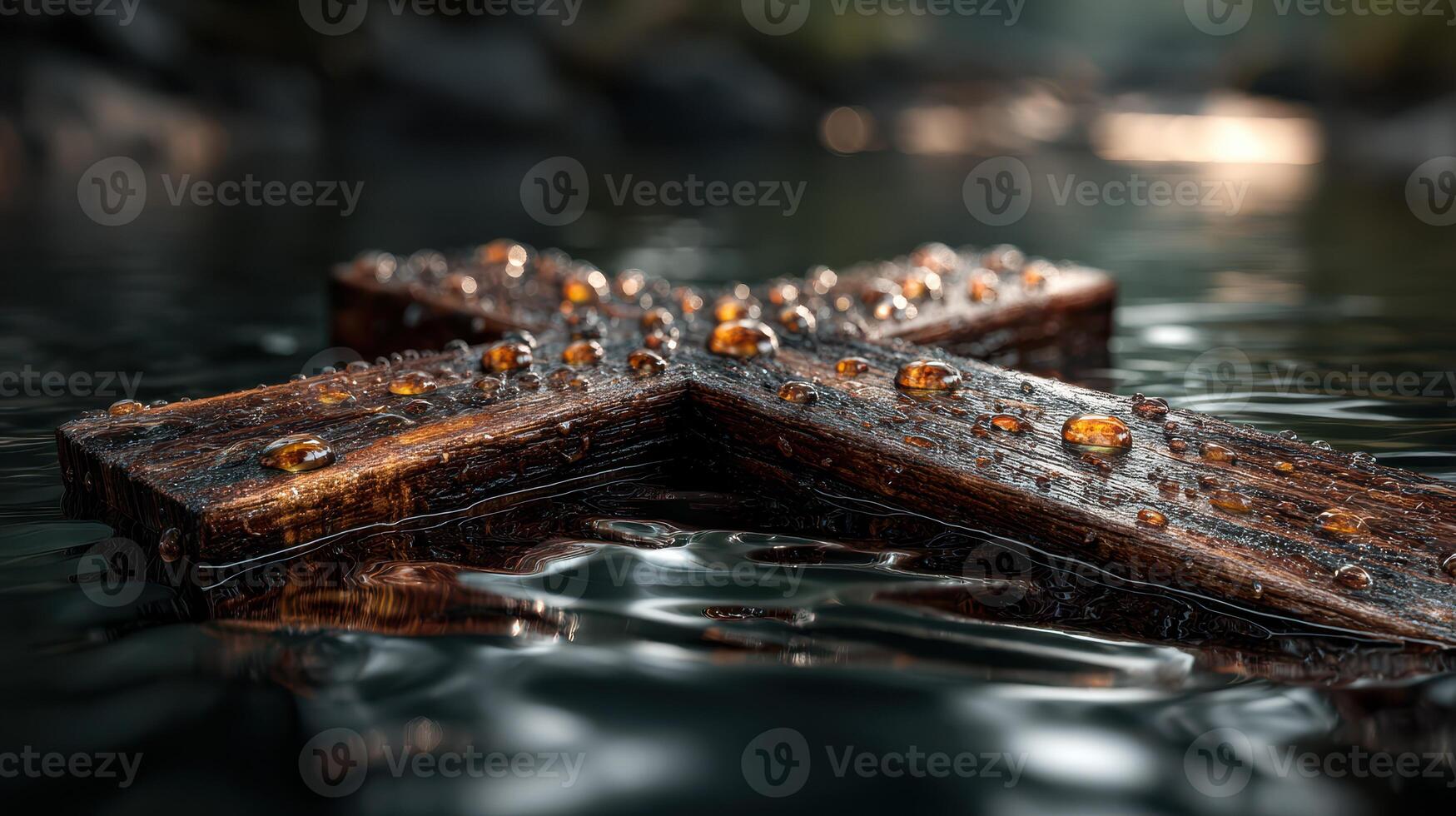 Wooden cross resting on calm water with droplets glistening during a serene morning photo