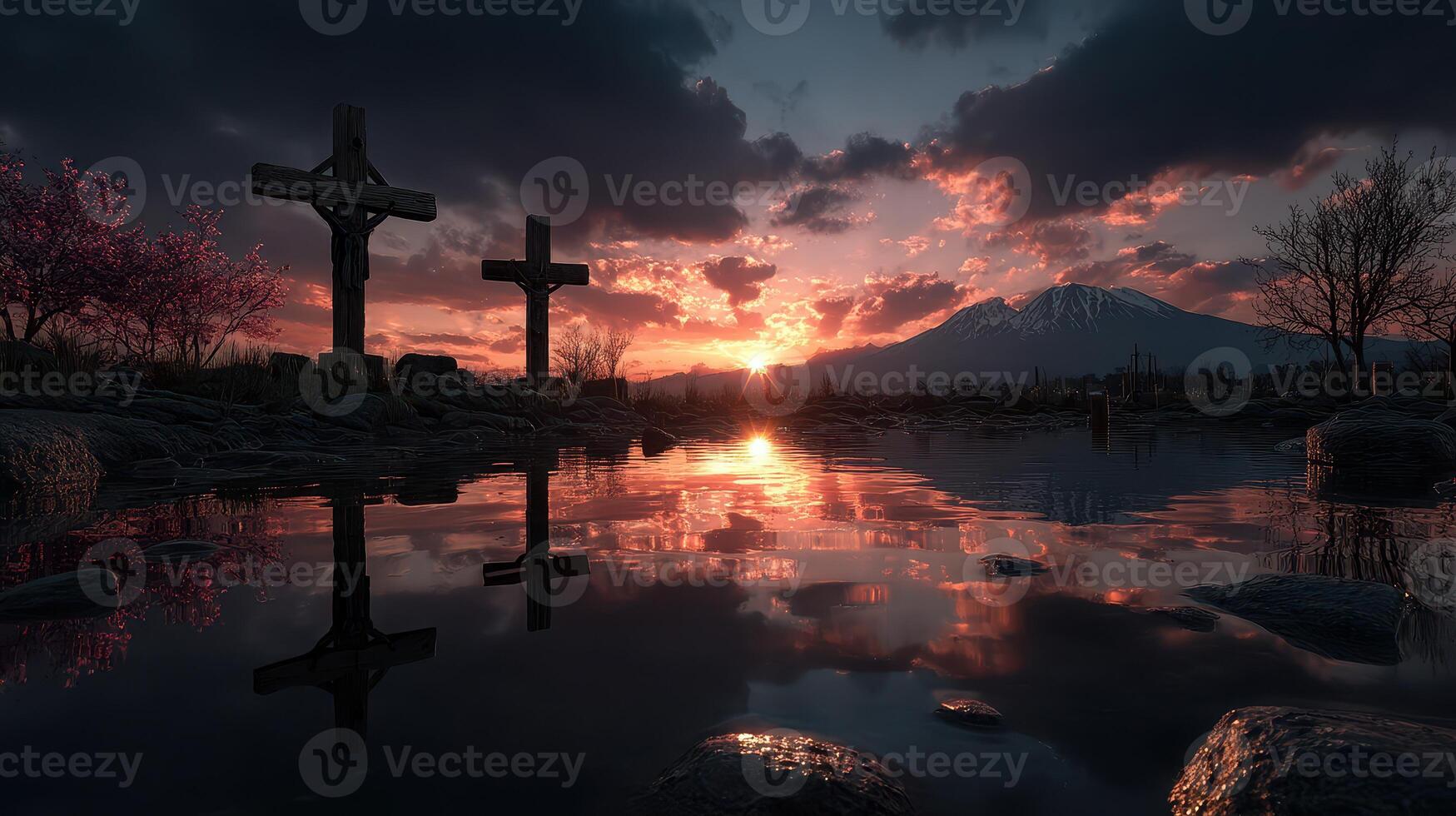 Sunset over tranquil lake with crosses reflecting on water near mountains photo