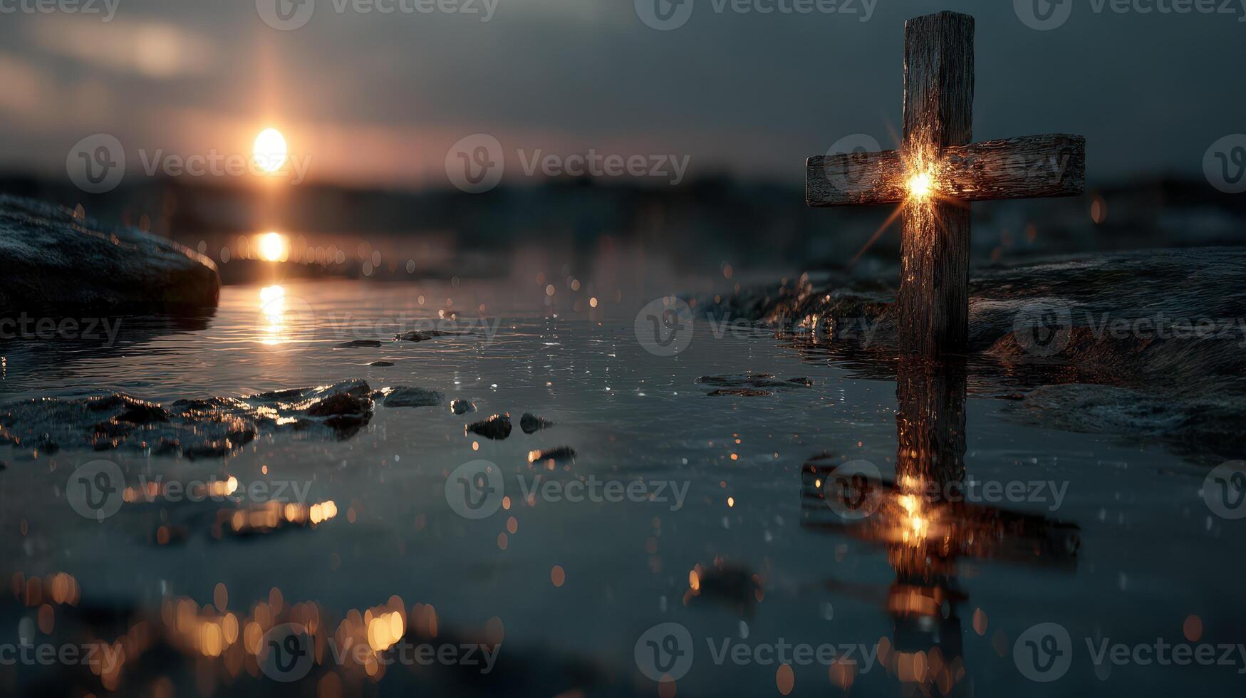 Cross illuminated on wet rocks at sunset, reflecting in tranquil water with a glowing atmosphere photo