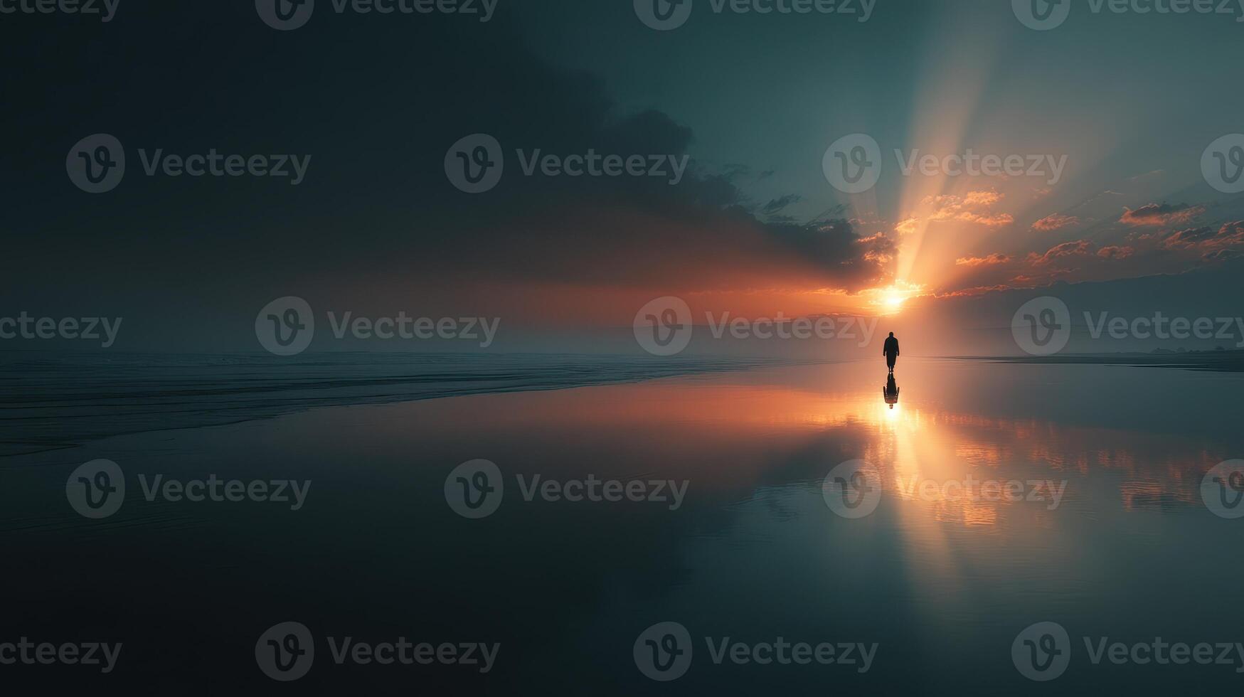 Sunset reflection at the beach with a lone figure walking along the shore during twilight hours photo