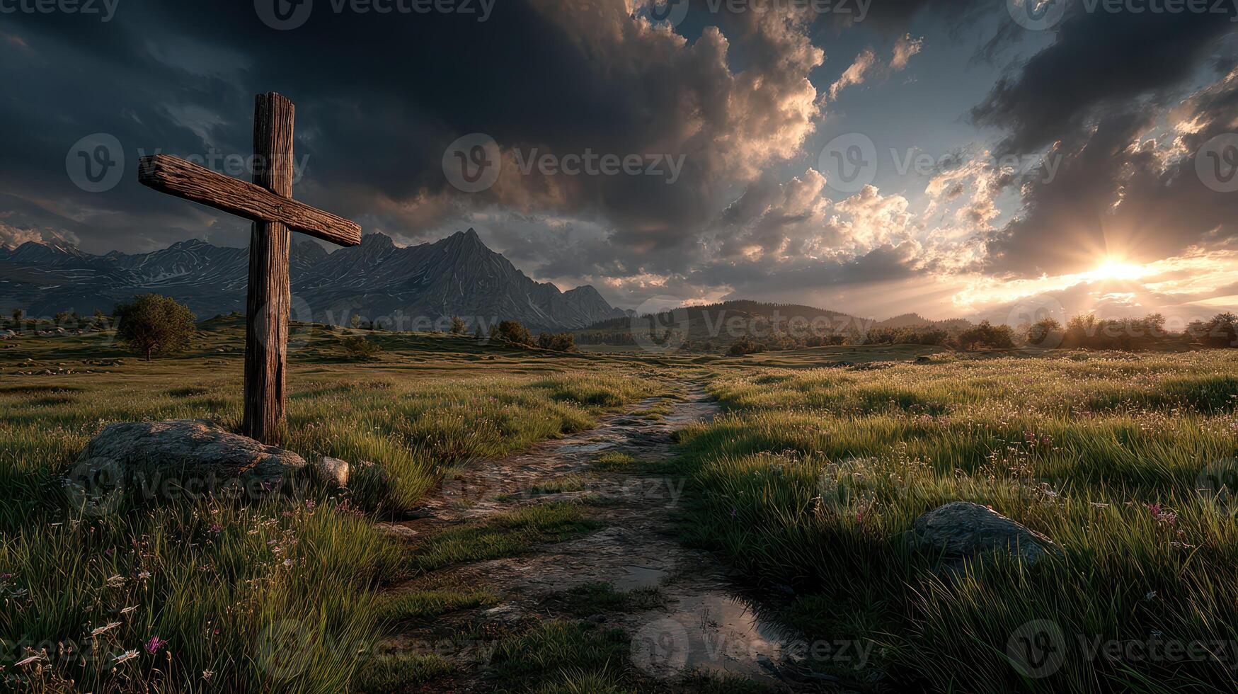 Serene pathway with a wooden cross at sunset in a mountainous landscape photo