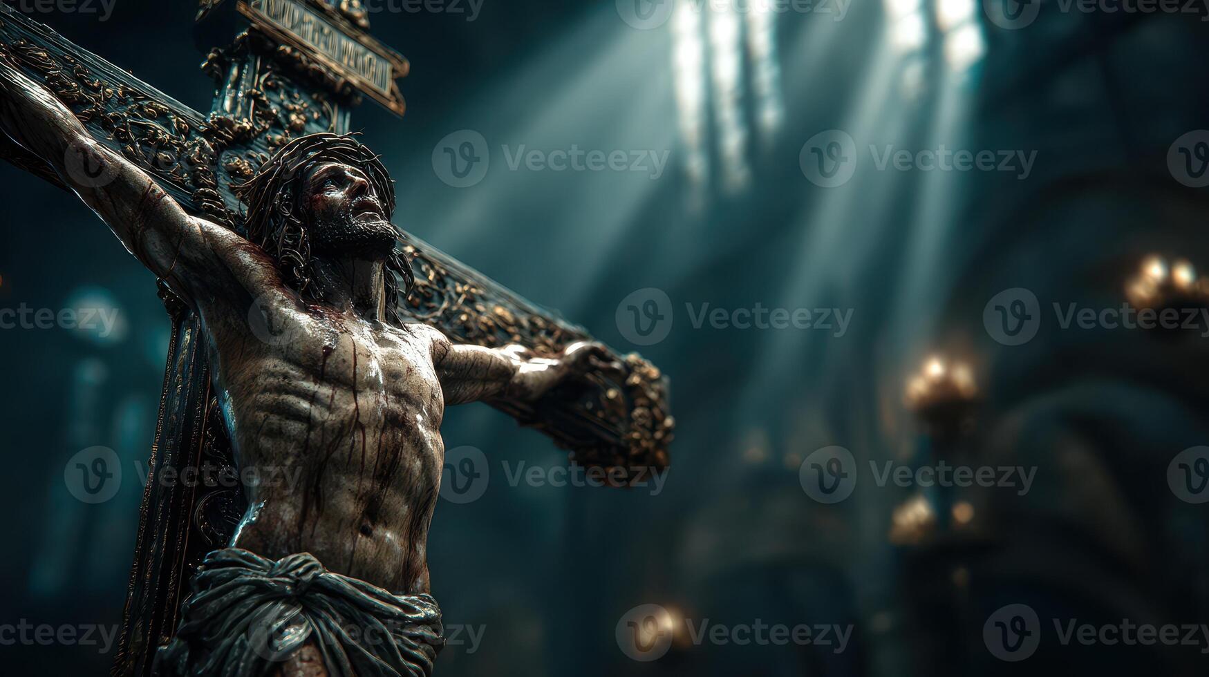 Wooden sculpture of Jesus Christ on the cross illuminated by dramatic lighting inside an ancient church photo