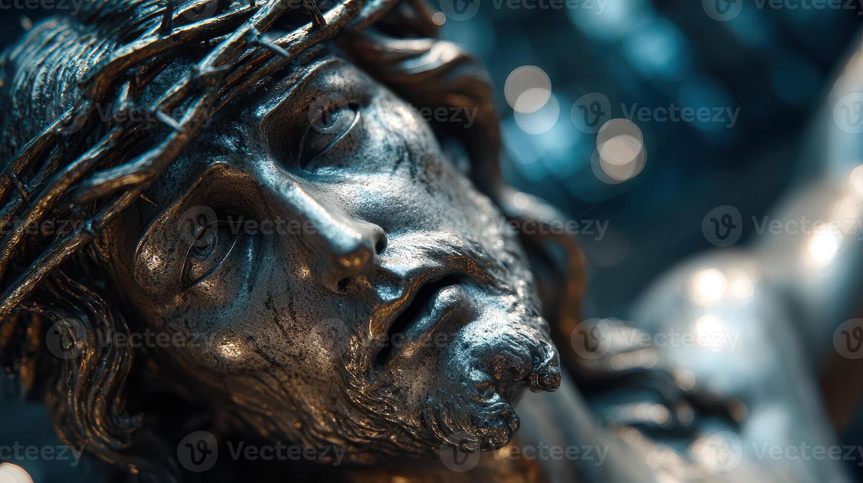 Intricate sculpture of Christ on the cross with detailed facial features captured in soft lighting photo