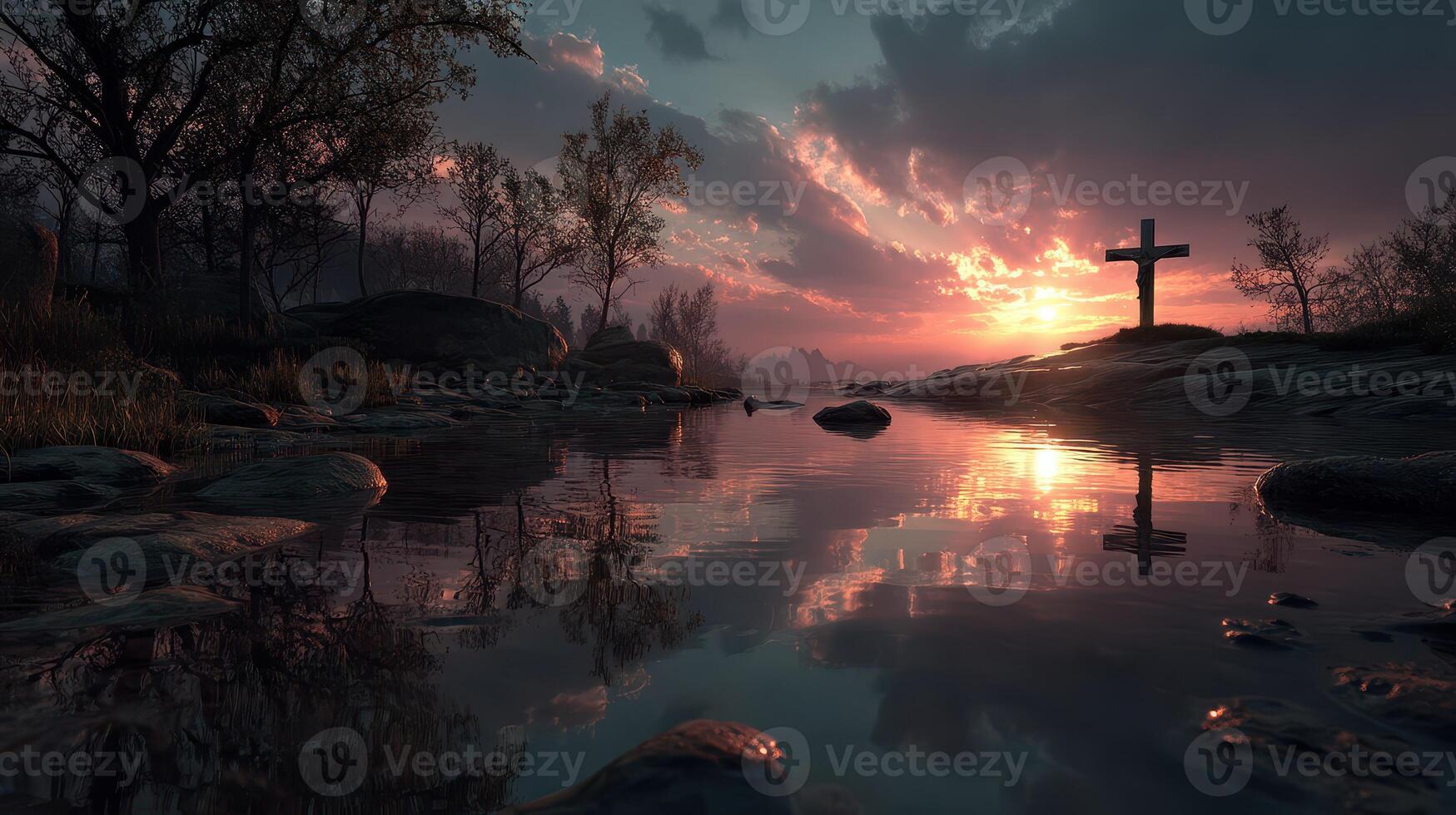 Serene sunset over a calm waterway with a cross silhouette and rocky shoreline photo
