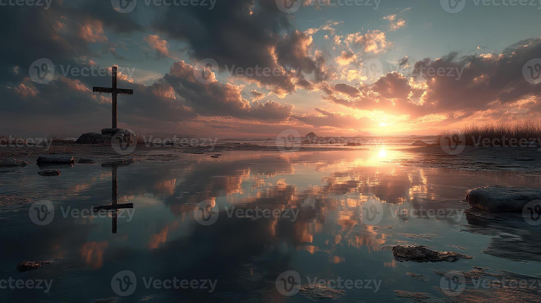 Sunset reflection over tranquil water with a cross at the shoreline creating a serene atmosphere photo