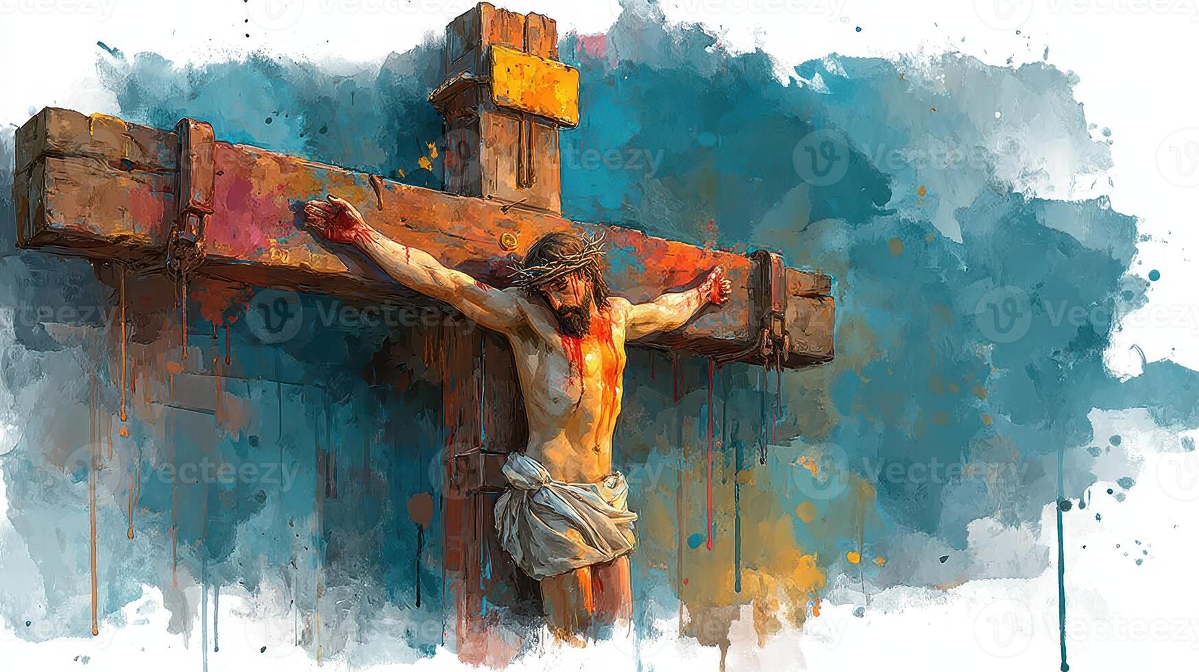Crucifixion of Christ depicted in a vivid and emotional artistic representation with colorful background photo