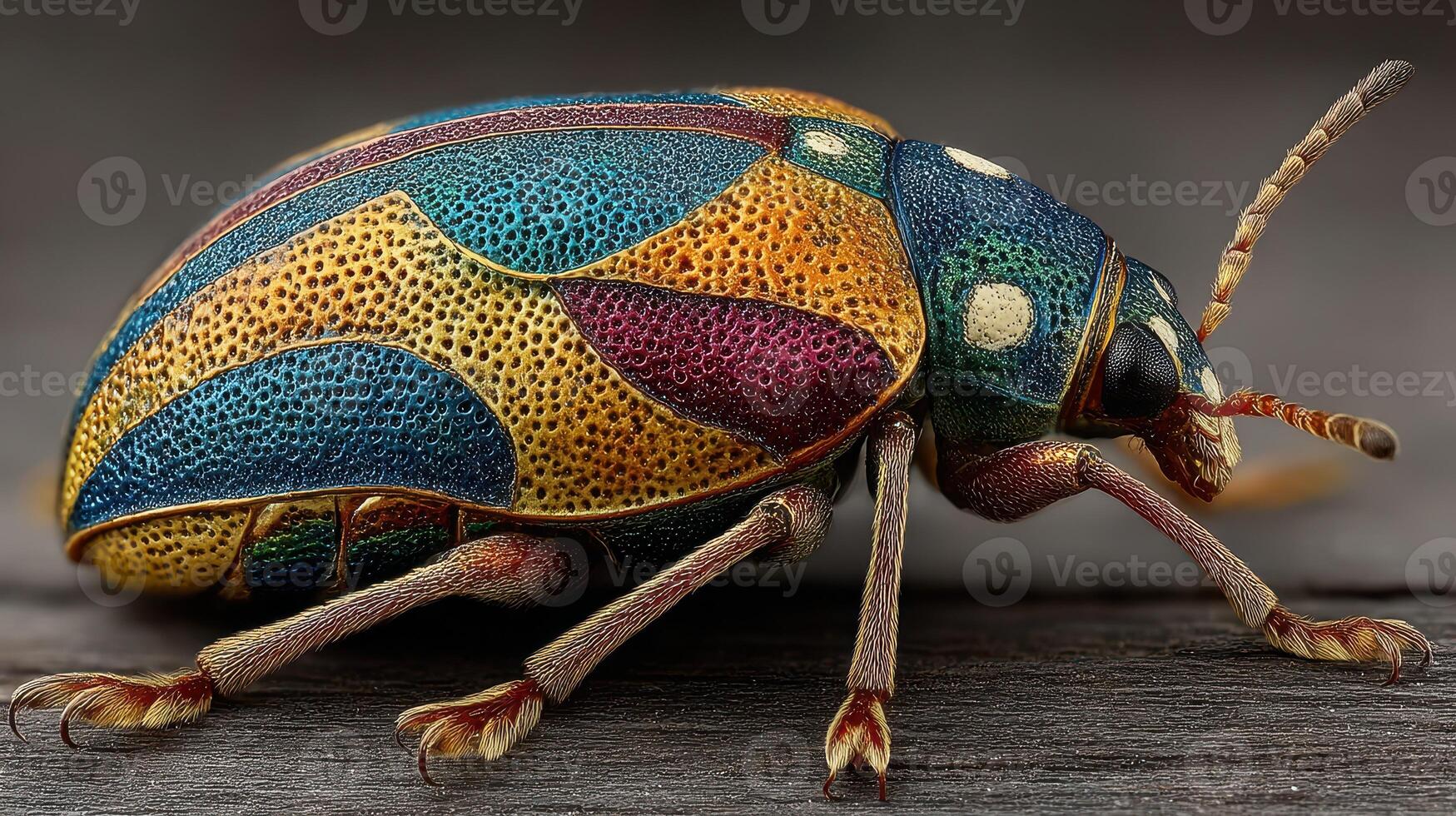 Colorful insect with vibrant patterns observed on a wooden surface in clear light during an outdoor nature exploration photo