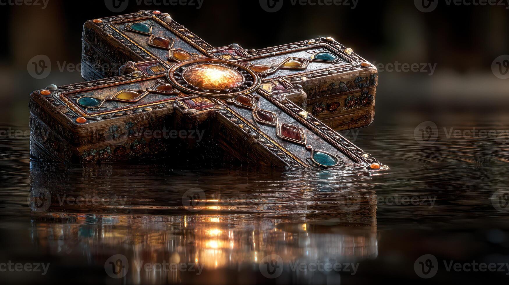 Unique ornate cross resting on still water reflecting soft light in a serene environment photo
