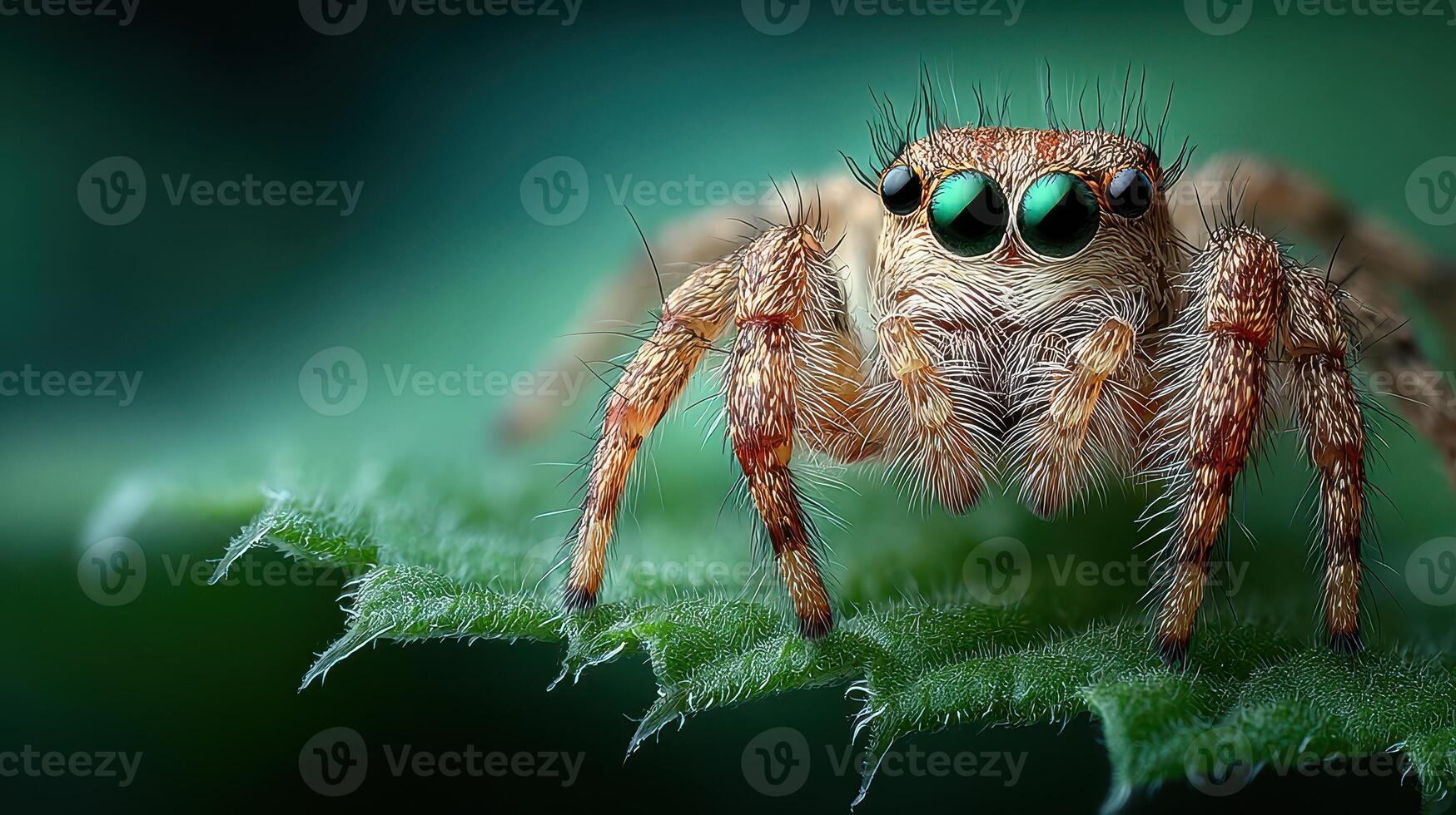 Detailed close-up of a jumping spider perched on a green leaf in a natural garden setting during daylight photo