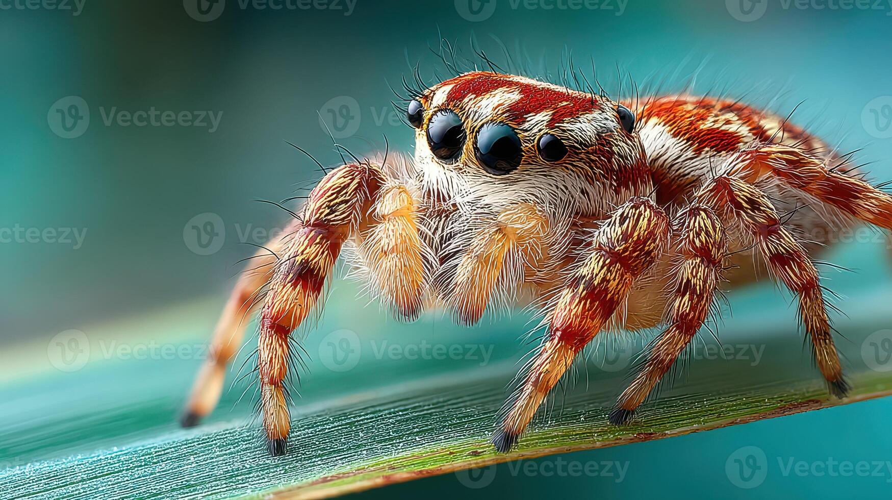 Close-up view of a red and white striped spider resting on a green leaf in a natural setting photo