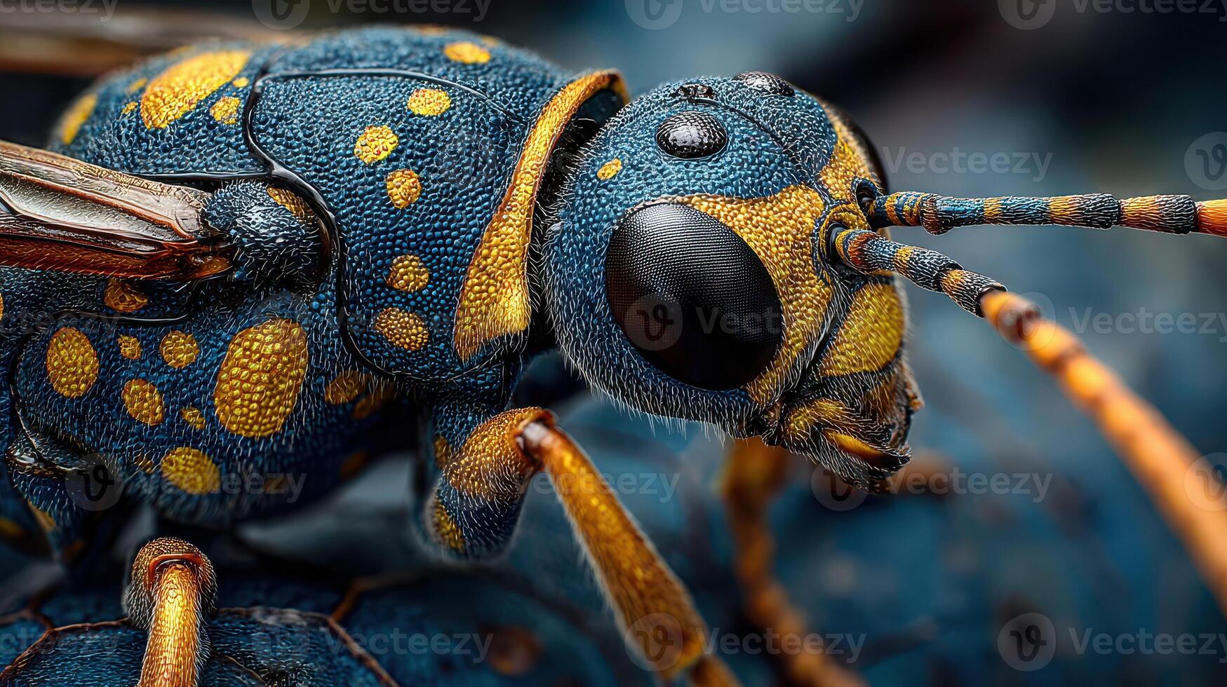Close-up view of a vibrant blue insect with yellow spots on a blurred dark background showcasing intricate details photo