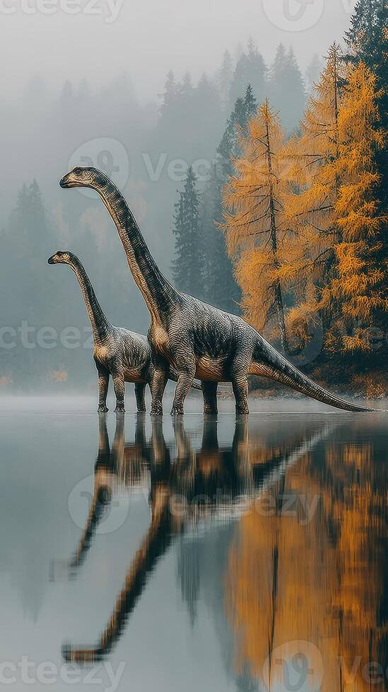 Dinosaurs standing beside a tranquil lake surrounded by autumn trees in a misty landscape photo