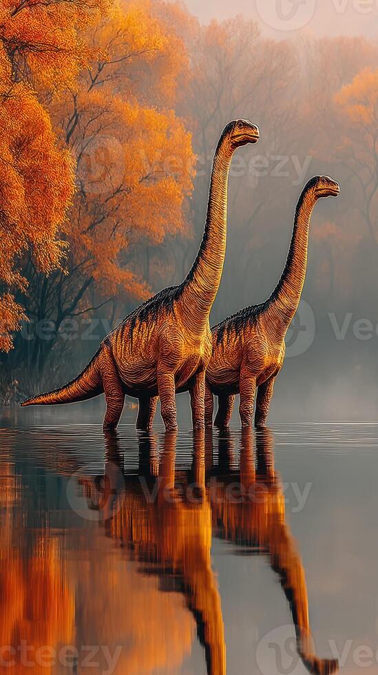 Two dinosaurs standing by a tranquil lake during autumn with vibrant orange foliage reflecting on the water photo