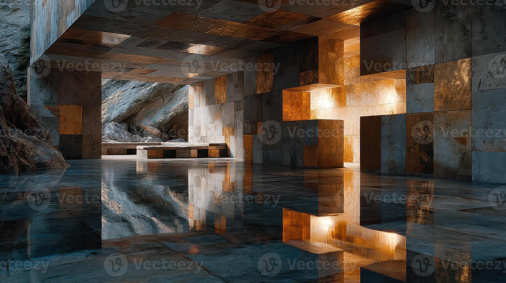 Unique architectural design featuring metallic surfaces and reflective water in a natural cave setting photo