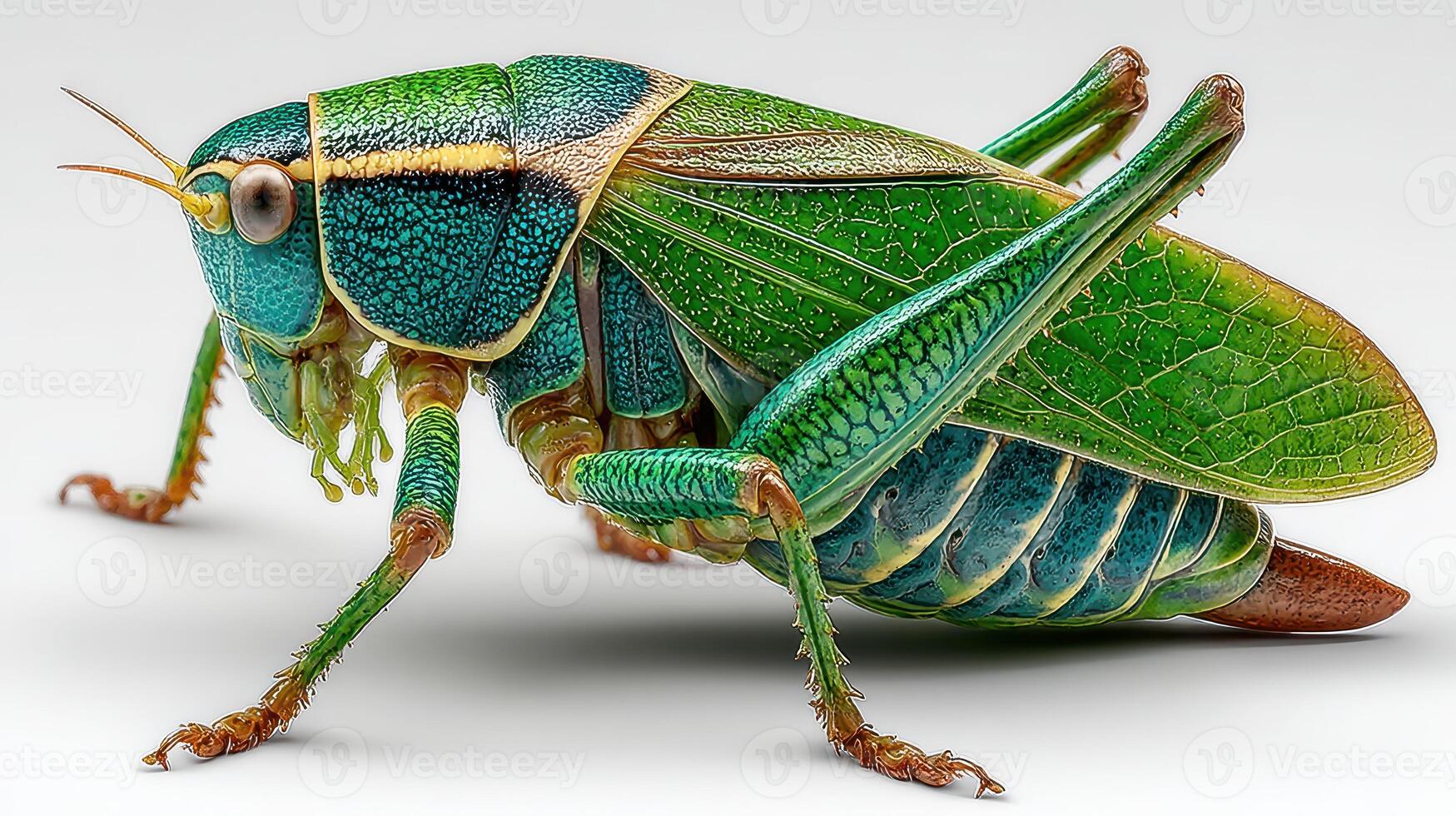 Colorful grasshopper displaying vibrant details on a simple background while perched in a natural pose photo