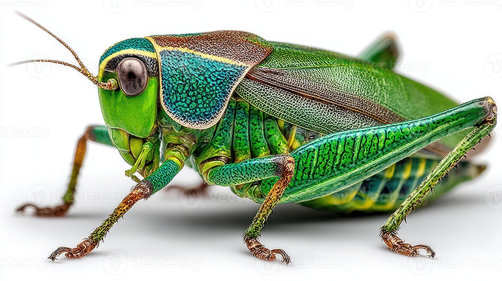 Vibrant green grasshopper resting on a surface during daylight showcasing its detailed physical features photo