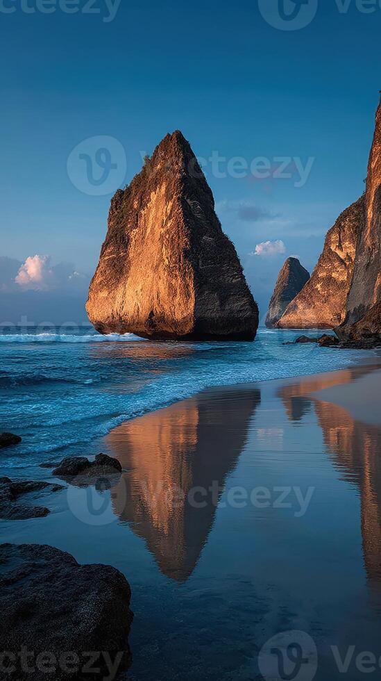 Dramatic rock formations reflected on the clear waters at a tranquil beach during golden hour in Bali photo