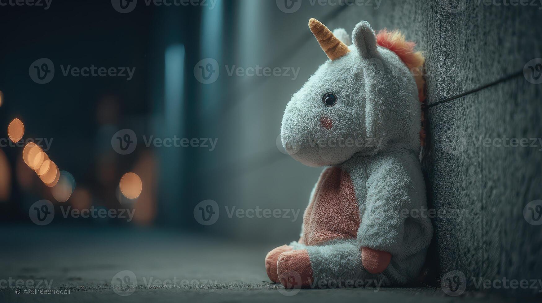 Lonely stuffed unicorn sitting against a wall in a dimly lit urban street at night with blurred city lights in the background photo