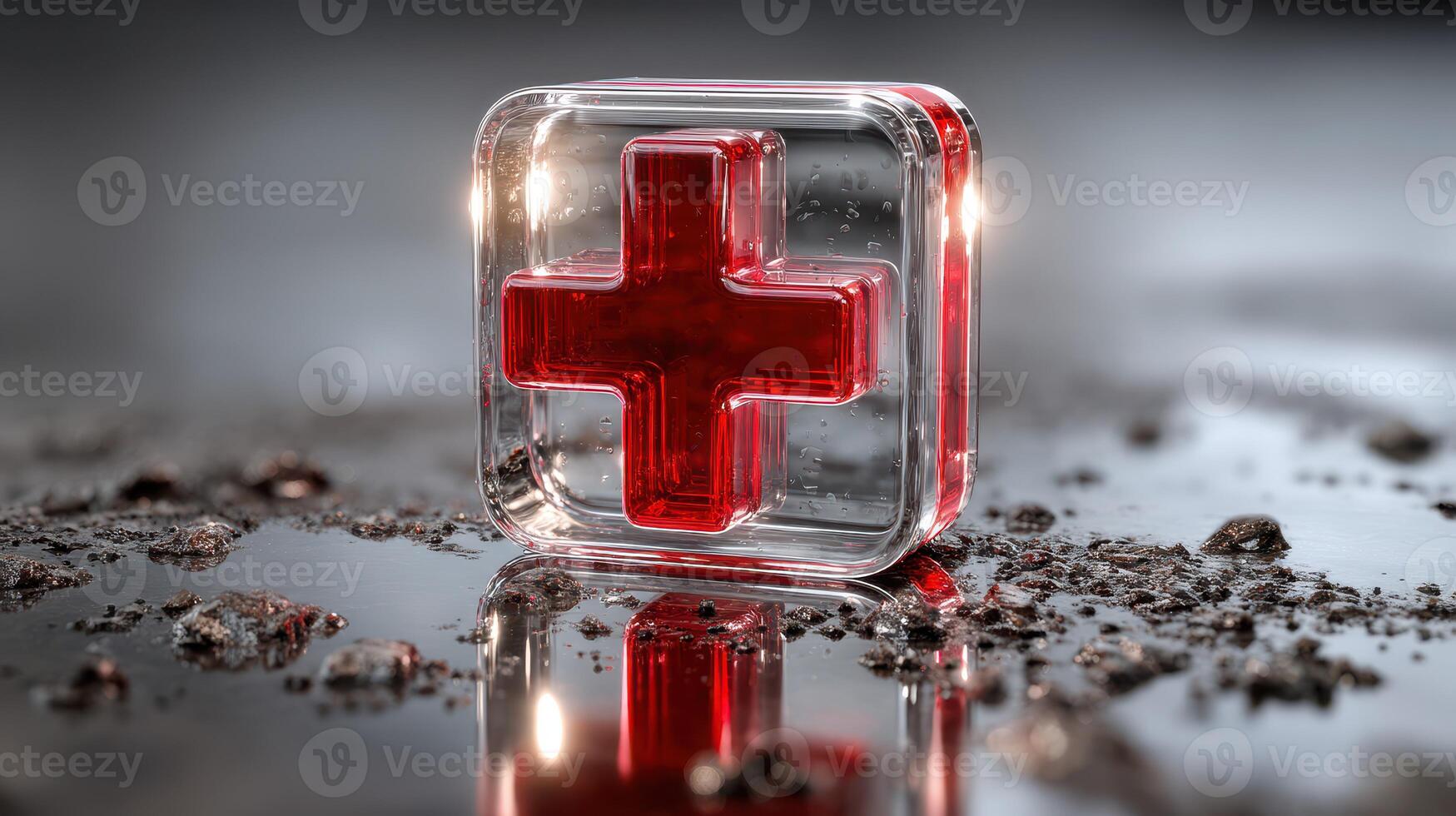 Red cross symbol encased in clear glass on a dark reflective surface showcasing healthcare and emergency assistance photo
