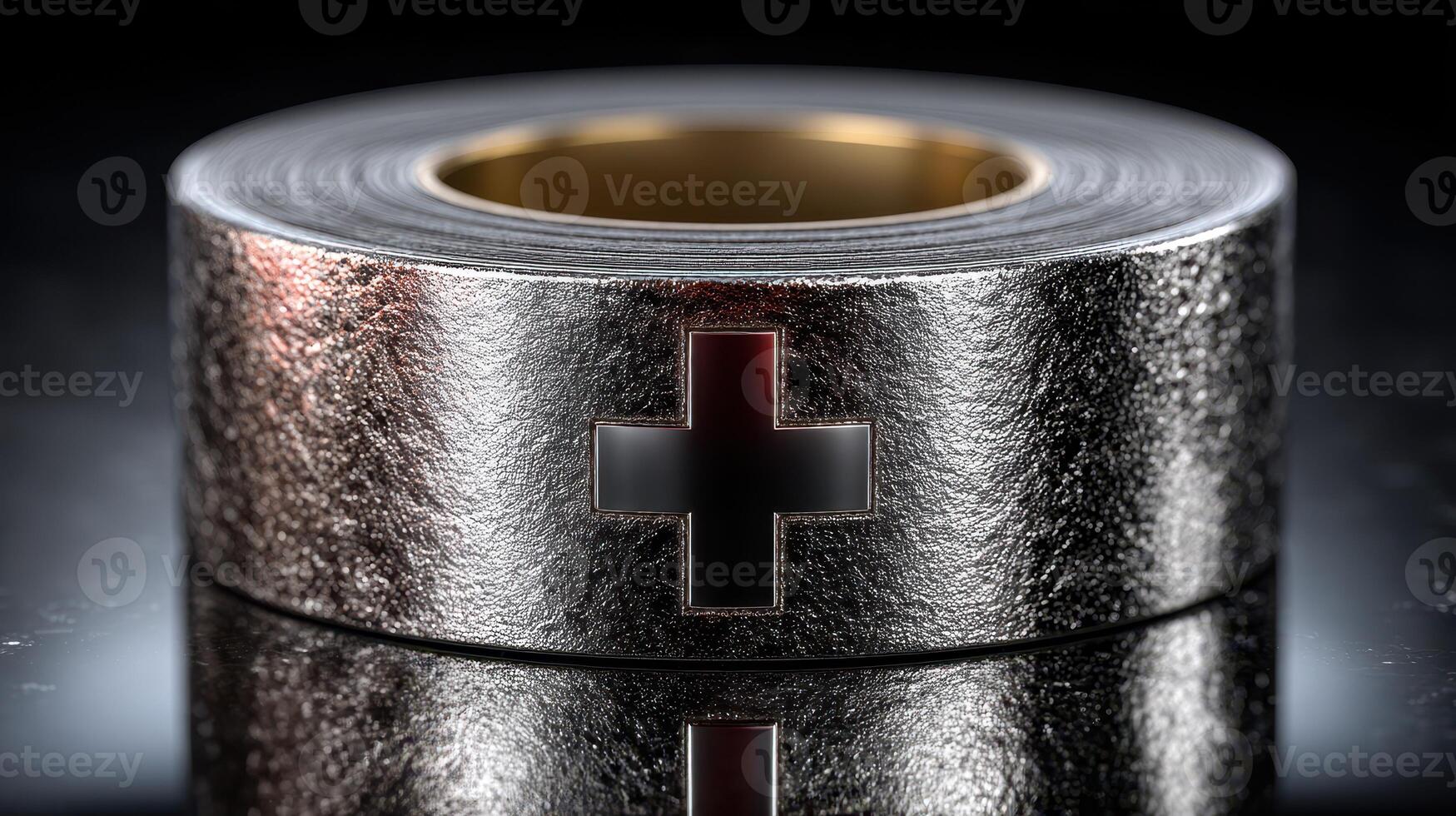 Reflective silver tape roll with cross symbol on black surface highlighting texture and design details photo