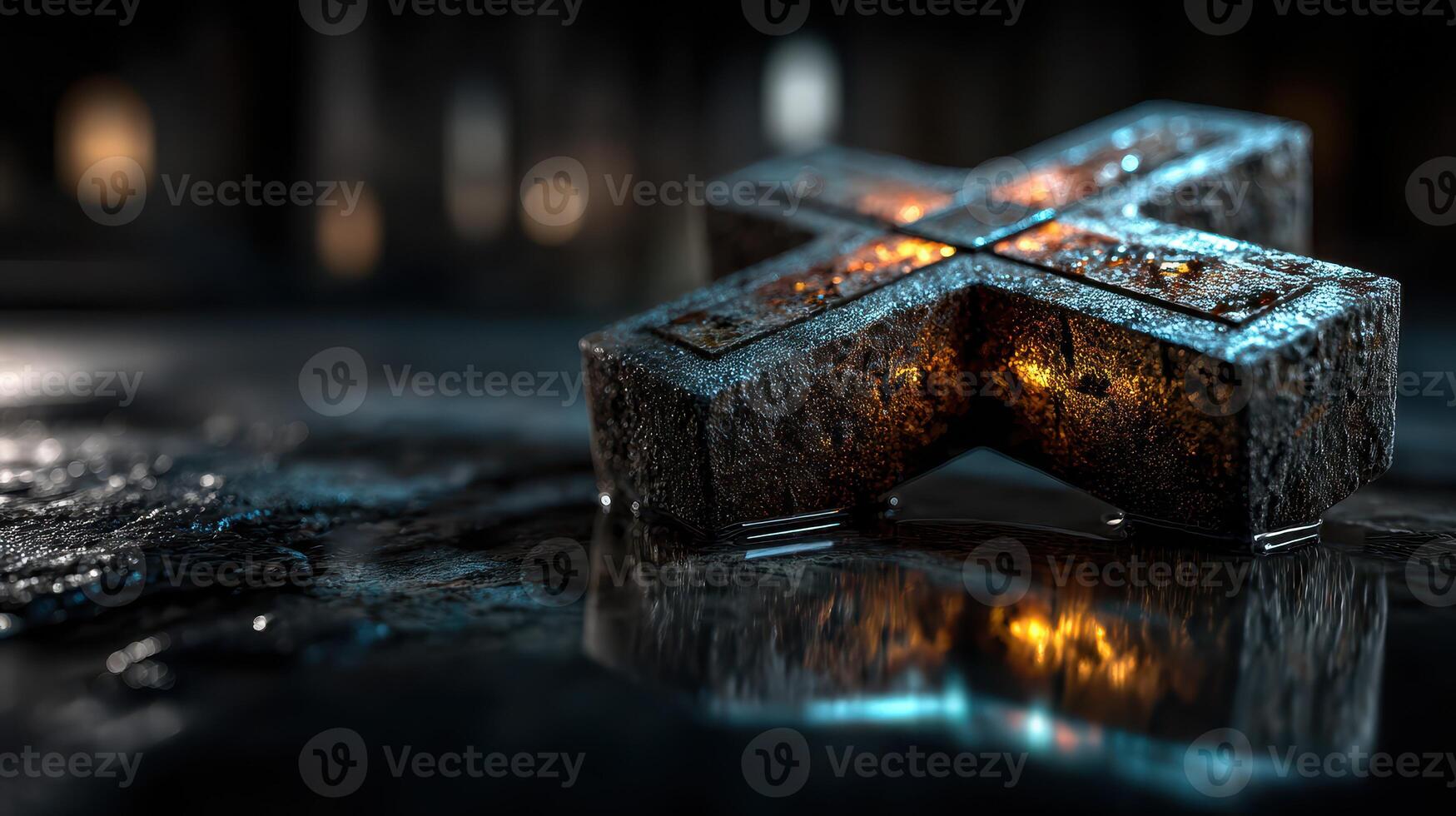 Metal cross symbol illuminated by soft light reflections in a darkened environment photo