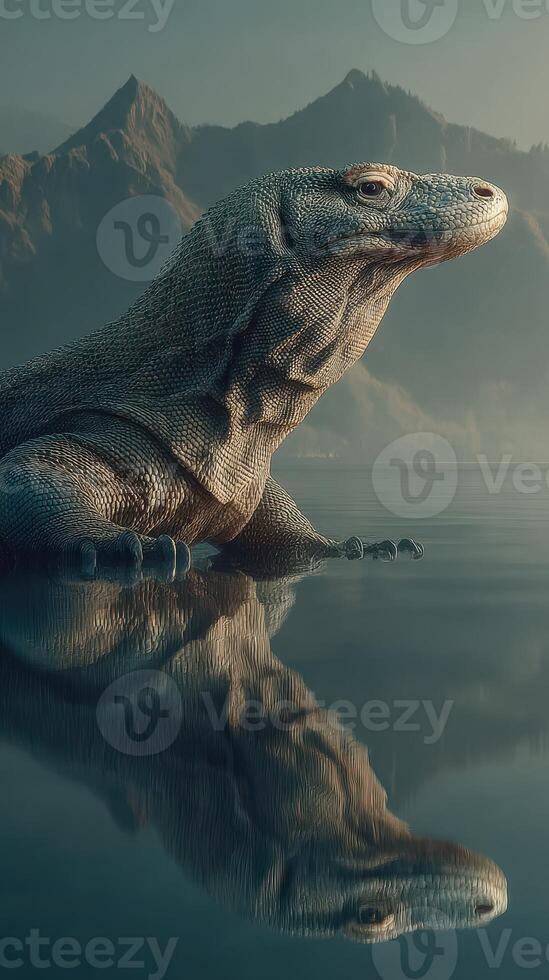 Giant lizard resting by the calm water in a serene landscape surrounded by mountains at twilight photo