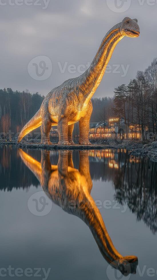 Massive dinosaur sculpture illuminated at lakeside park during sunset reflecting in calm water photo