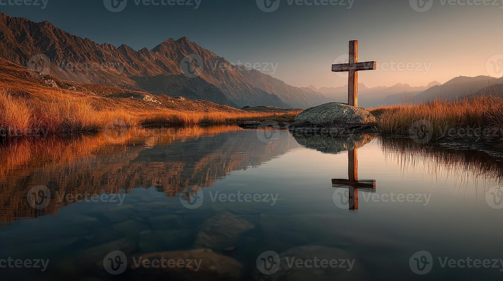 Cross reflection in serene mountain landscape at dawn with vibrant colors and tranquil water photo