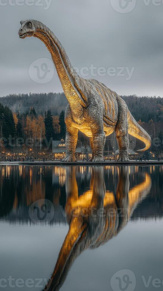 Giant dinosaur statue stands near a tranquil lake in a cloudy evening landscape photo