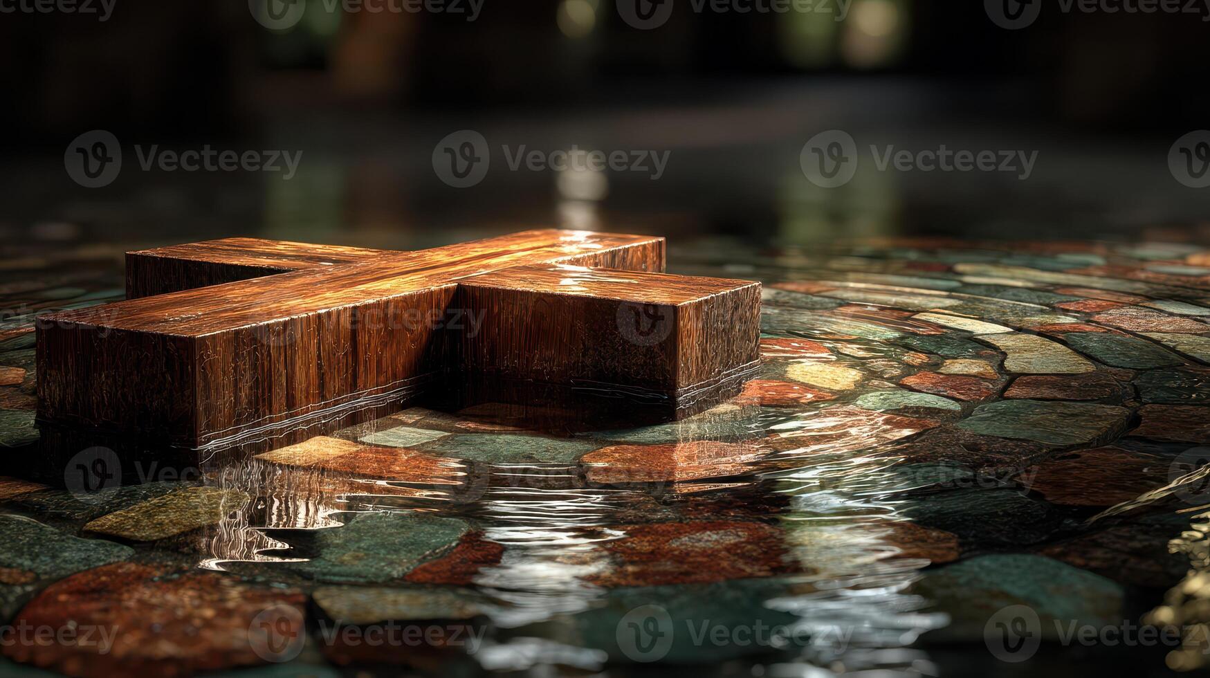 Wooden cross resting on water-covered stones in serene environment, reflecting peaceful atmosphere photo